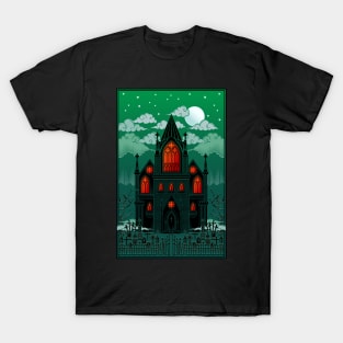 Gothic Cathedral with graveyard Red and Green T-Shirt